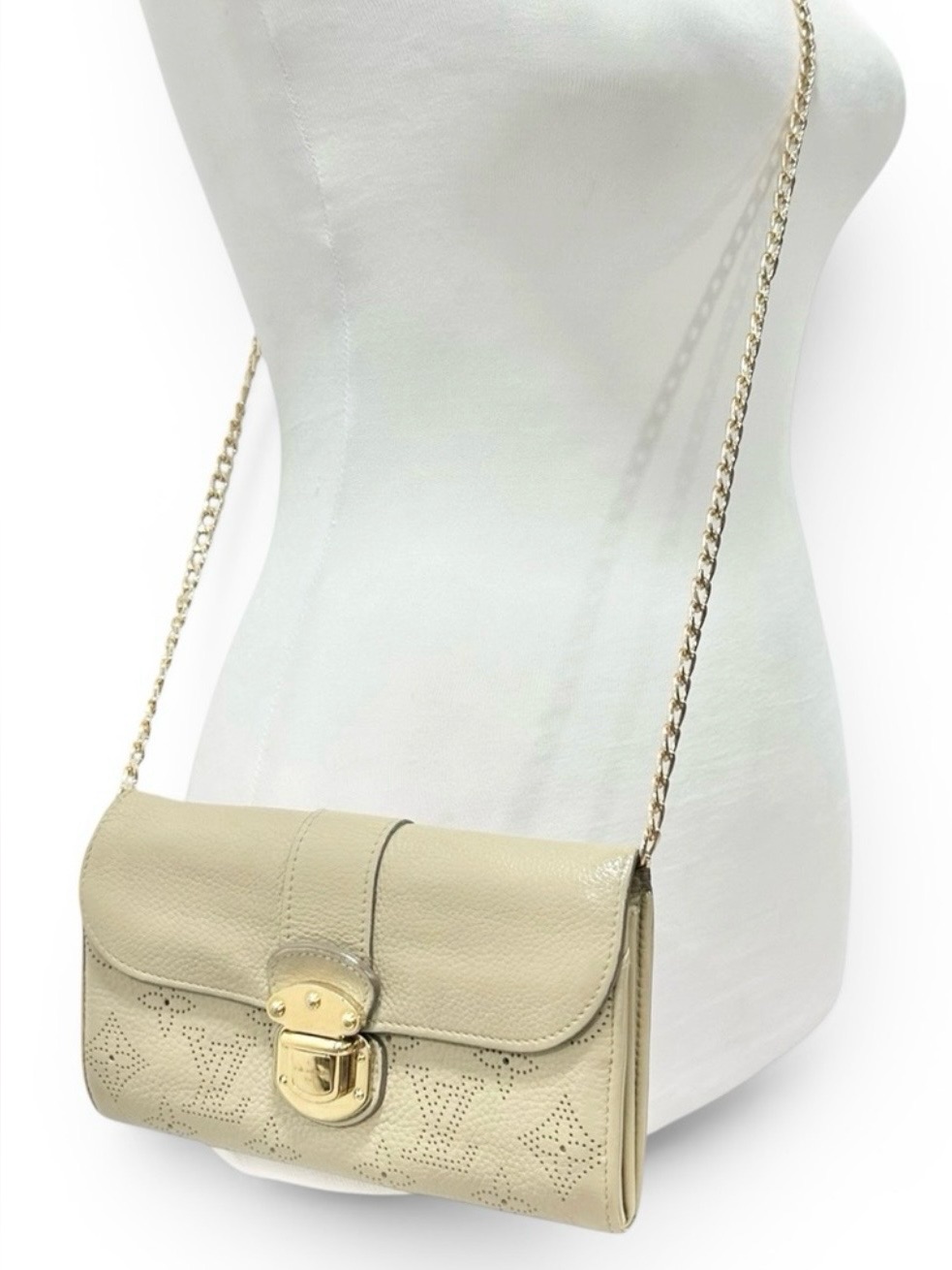 Louis Vuitton Camel Tan Mahina Leather Perforated Monogram Sarah Wallet On Chain